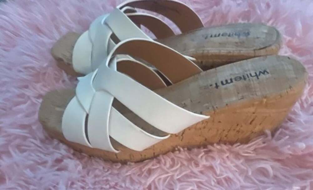 White Mountain Wedge Sandals White Cross Strap Cork Slide - Picture 5 of 9